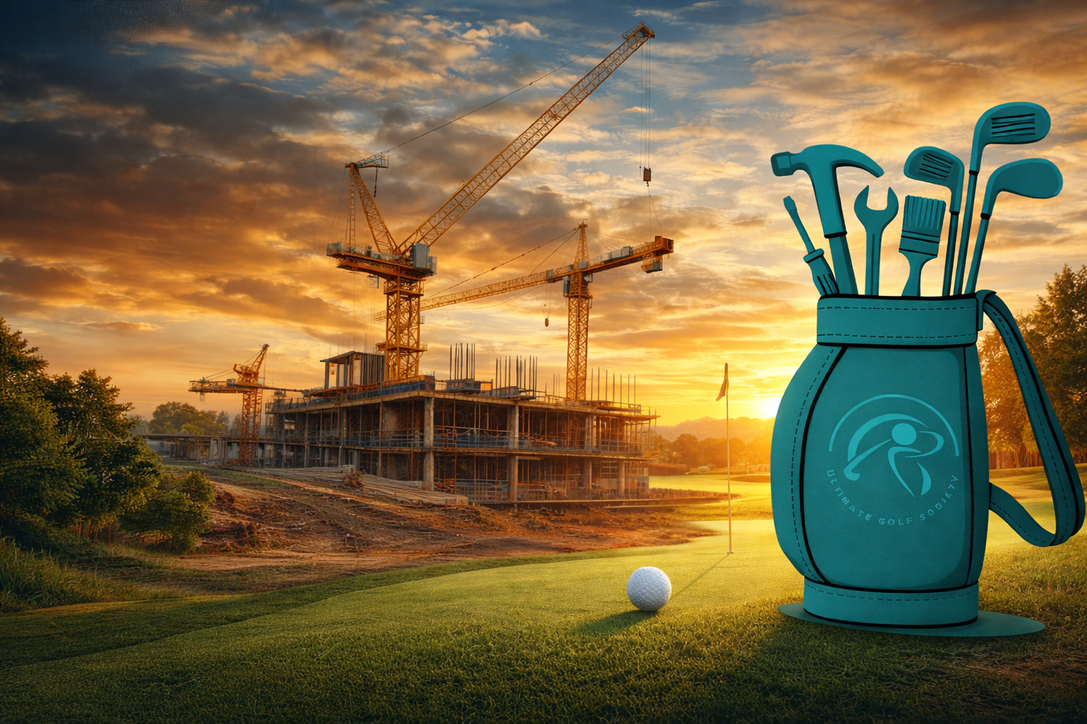 Golfers walking the course at sunset